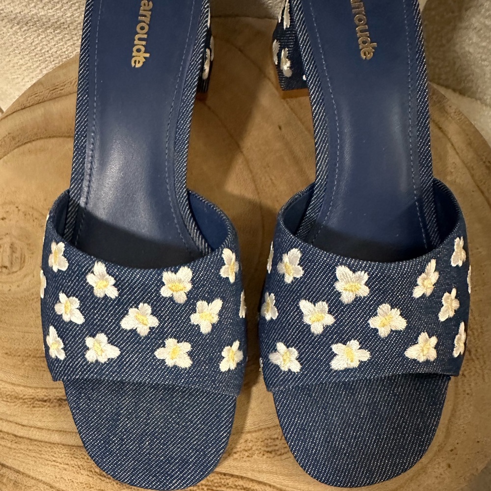 NEW | Larroudé Brigitte Flower-Embroidered Denim Mules - Picture 8 of 13